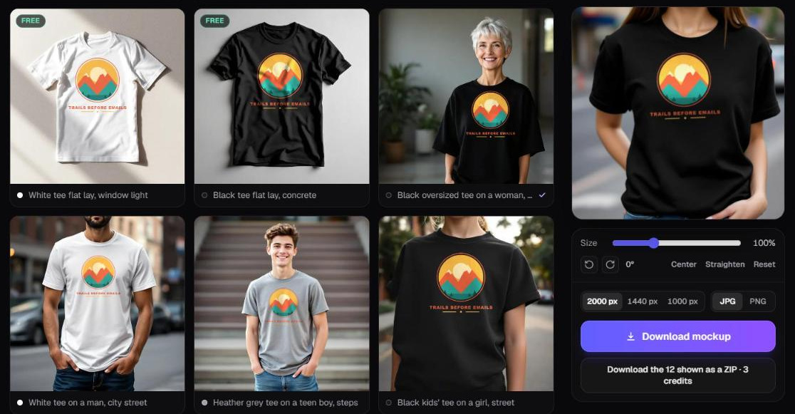 Trendlytic's mockup library: one original design placed on flat lays and on shirts worn by a woman, a man, a teen and a girl, with the download panel