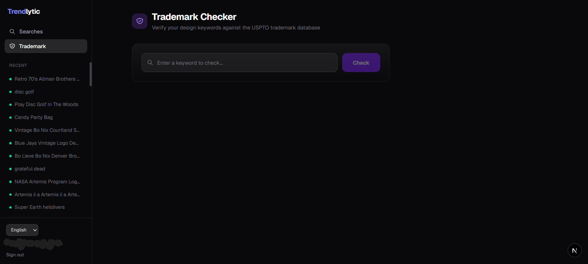Trendlytic trademark checker with an empty keyword field, ready to check a print-on-demand phrase